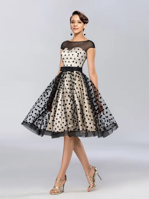 Dressv rodilla Vestidos de cóctel 2017 Polk dot pattern Vestidos fiesta Vestidos de fiesta Sheer barco Masajeadores de cuello graduación Vestidos