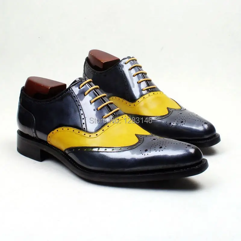 

Free Shipping  Handmade Genuine Leather Upper/outsole/Insole Dark Silver Yellow Goodyear Craft Pointed  toe Men's Shoe No.ox574