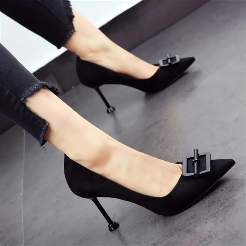 ALLBITEFO/модные пикантные вечерние туфли из флока на высоком каблуке с пряжкой; Весенняя Офисная Женская обувь; женская обувь на высоком каблуке; женская обувь на каблуке