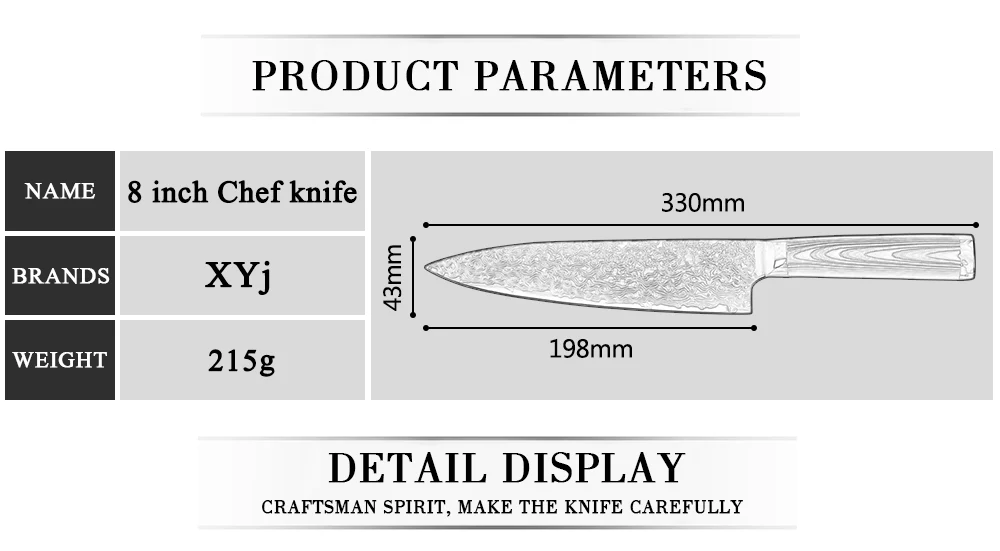 XYj Дамасская сталь кухонные ножи один кусок 8 дюймов шеф-повара Дамасская сталь кухонный нож G10 Ручка красота нож с узором