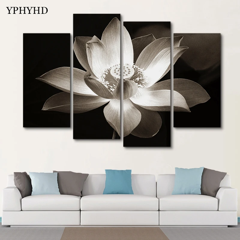 

YPHYHD Modern 4 Piece Canvas Art Lotus Flower Picture Print on Canvas Modular Wall Paintings Table Wall Decoration Living Room