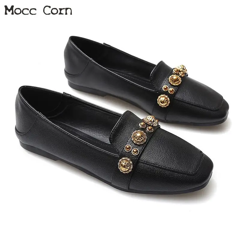 

Lady Soft Leather Shoes Women Moccasin Spring Slip On Flats Woman Square Toe Rivet Flat Shoes Breathable Loafers Plus Size 34~43
