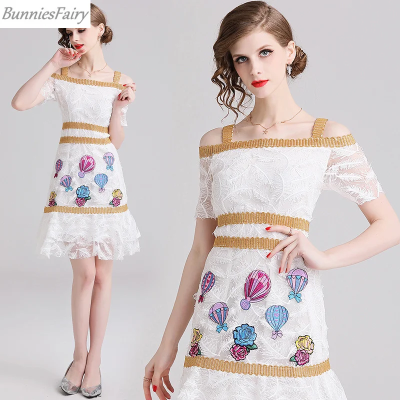 

BunniesFairy 2019 Summer Women White Feather Parachute Embroidery Floral Lace Patchwork High Waist Strap Dress for Beach Holiday