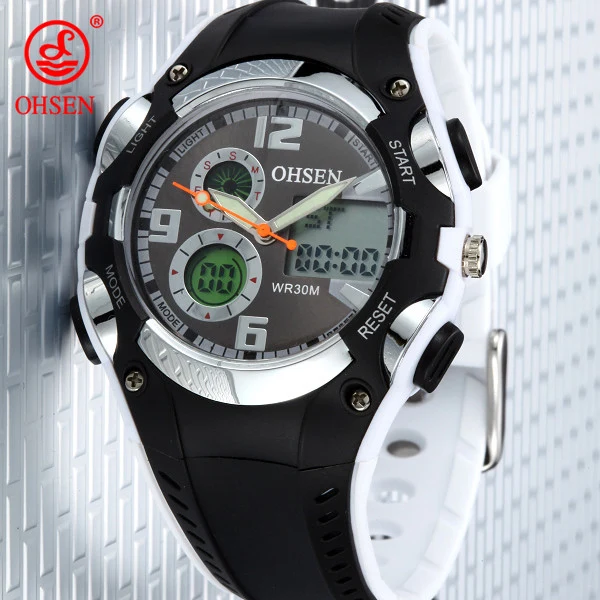 Бренд OHSEN, Кварцевые спортивные часы, наручные часы для детей, для мальчиков, подарок для детей, водонепроницаемые светодиодные спортивные часы с силиконовым ремешком, модные часы - Цвет: White with Simple