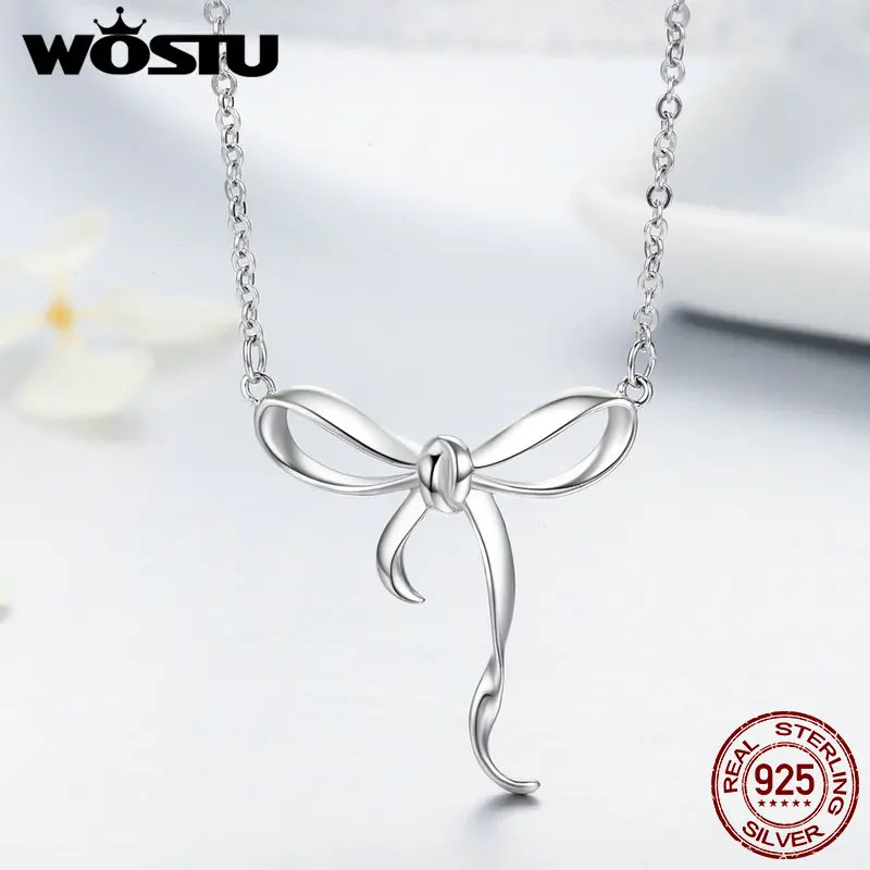 

WOSTU Original Design 925 Sterling Silver Sweet Bowknot Pendant Chokers Necklaces For Women Jewelry Gift BKN135