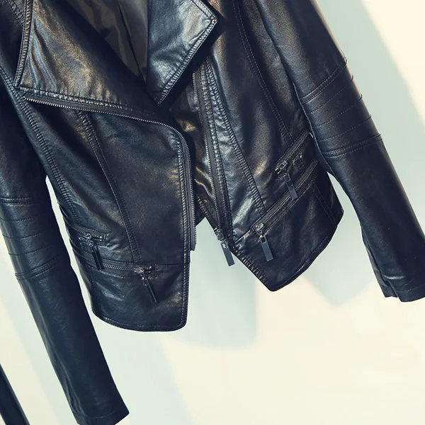 2019 Balck Faux Leather Jacket For Women O Neck Long Sleeve Zipper Washable Leather Jackets Female Biker Motorcycle Jacket Woman