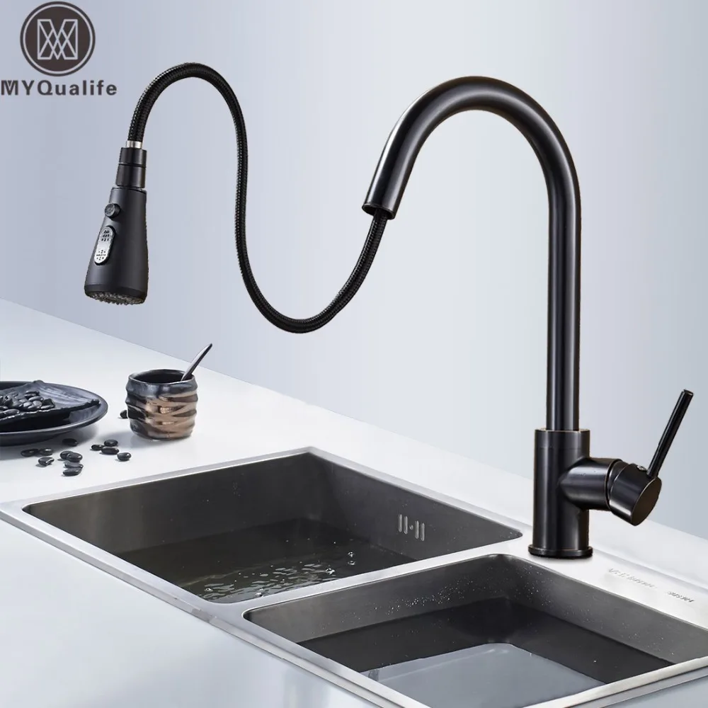 Black Pull Out Kitchen Sink Faucet Deck Mounted Stream Sprayer Kitchen Mixer Tap Single Handle