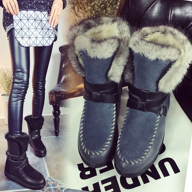 

Charming 2017 Real Big Rabbit Fox Fur Girls Genuine Cow Leather High Snow Boots For Women Winter Boots Flats Shoes High Quality