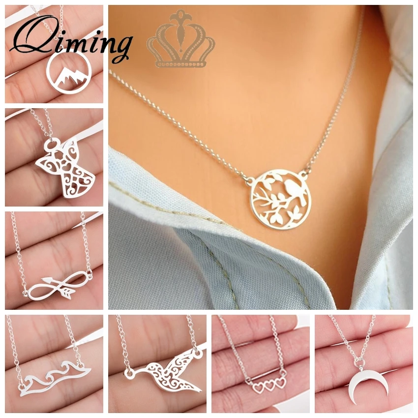 

Silver Stainless Steel Necklace Women Angle Infinity Wave Moon Bird Chain Necklaces Pendants Vinatge Best Friend Necklace Female