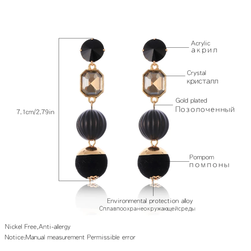 Длинные корейские серьги для женщин винтажные квадратные серьги с кристаллом помпоном черные серьги Модные ювелирные изделия brincos