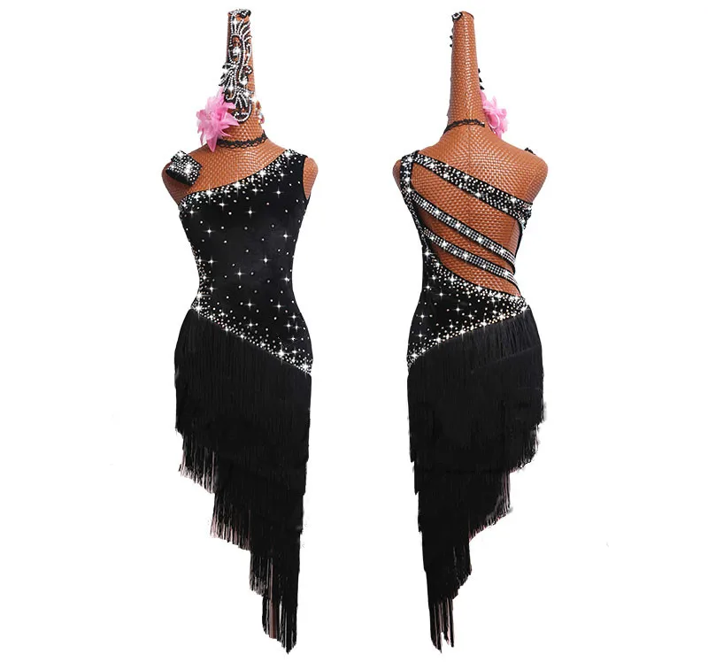 

Rhinestone Latin Dance Dress For Women Sexy Black Velvet Sloping Shoulder Salsa Fringed Skirt Evening Dress Ballroom Clothes