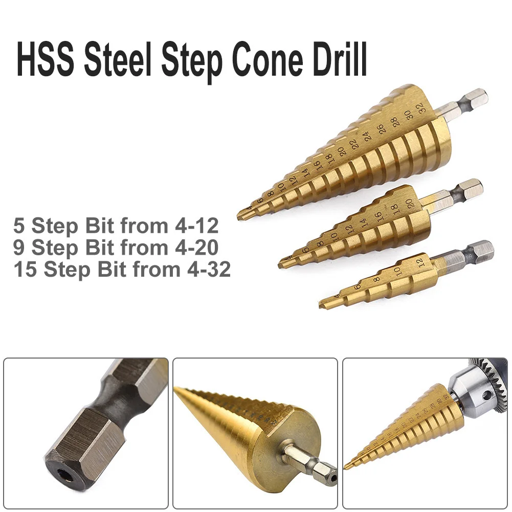 Комплекты из 3 предметов HSS Титан на возраст от 4 до 12 лет/20/32 мм спиральная рифленая шестигранным хвостовиком металлическое ступенчатое сверло отверстие резак конус бурения керна кольцевая пила Инструмент