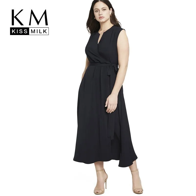 

Kissmilk Plus Size Women Clothes Simple Solid Black Sleeveless Collar Wrap V-Neck Dress