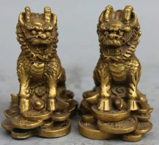 

Chinese Bronze Animal Kylin Chi-lin Qilin Beast Wealth Yuanbao Statue Pair