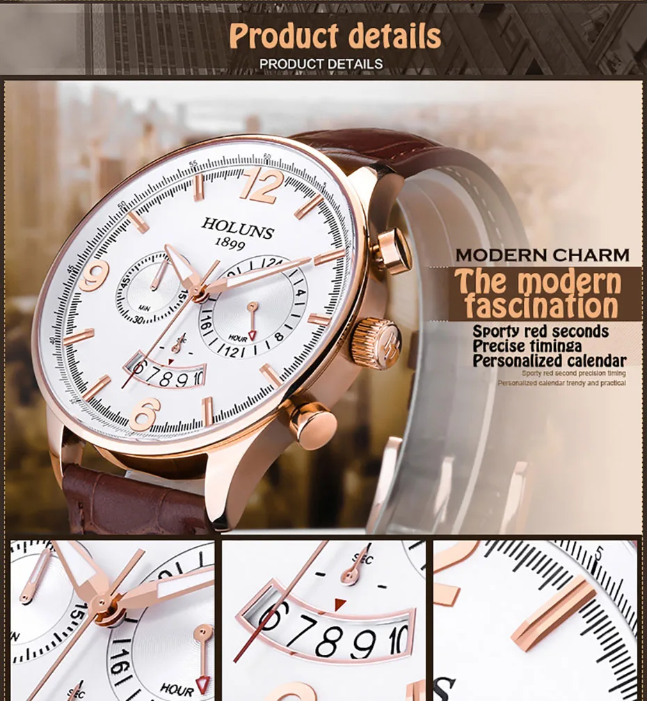 HOLUNS Men Leather Strap Watch 24 Hour Quartz Watches Casual Wristwatch Water Resistant Luxury Round Glass Dial Clock (4)