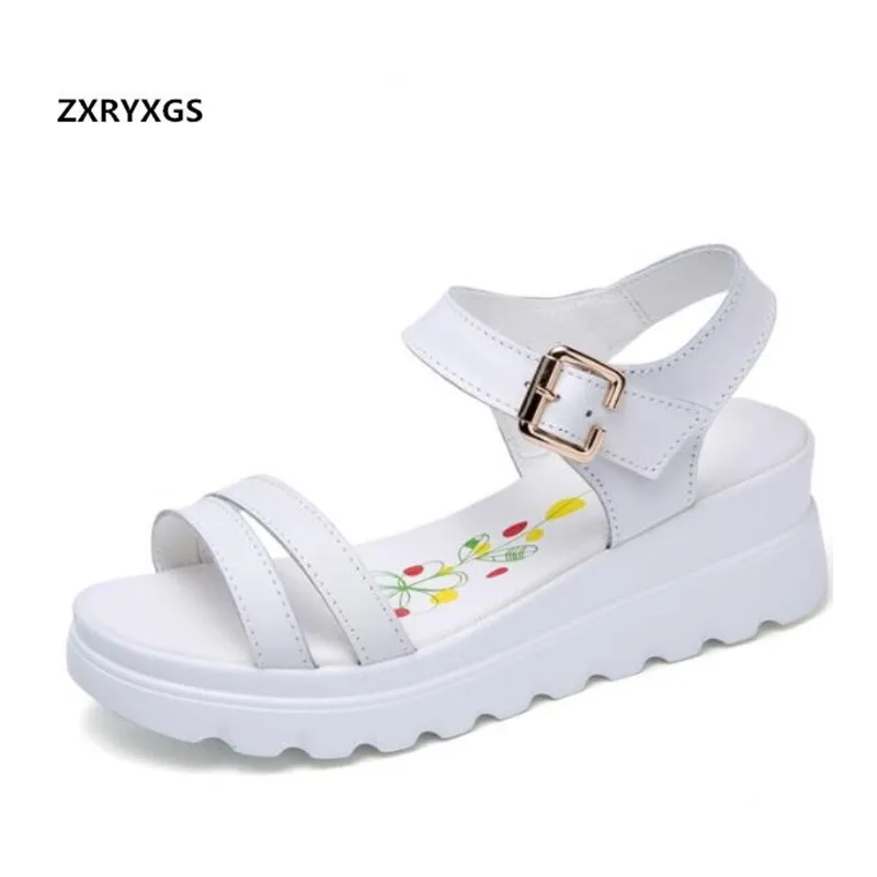 

New Fashion Cowhide Leather Shoes Women Sandals 2018 Summer Casual Comfortable Women Shoes Platform Wedges Fashion Sandals Woman