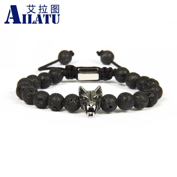 

Ailatu Wholesale 10pcs/lot 8mm Lava Rock Stone with Antique Silver Colo Stainless Steel Wolf Macrame Bracelet for Cool Men