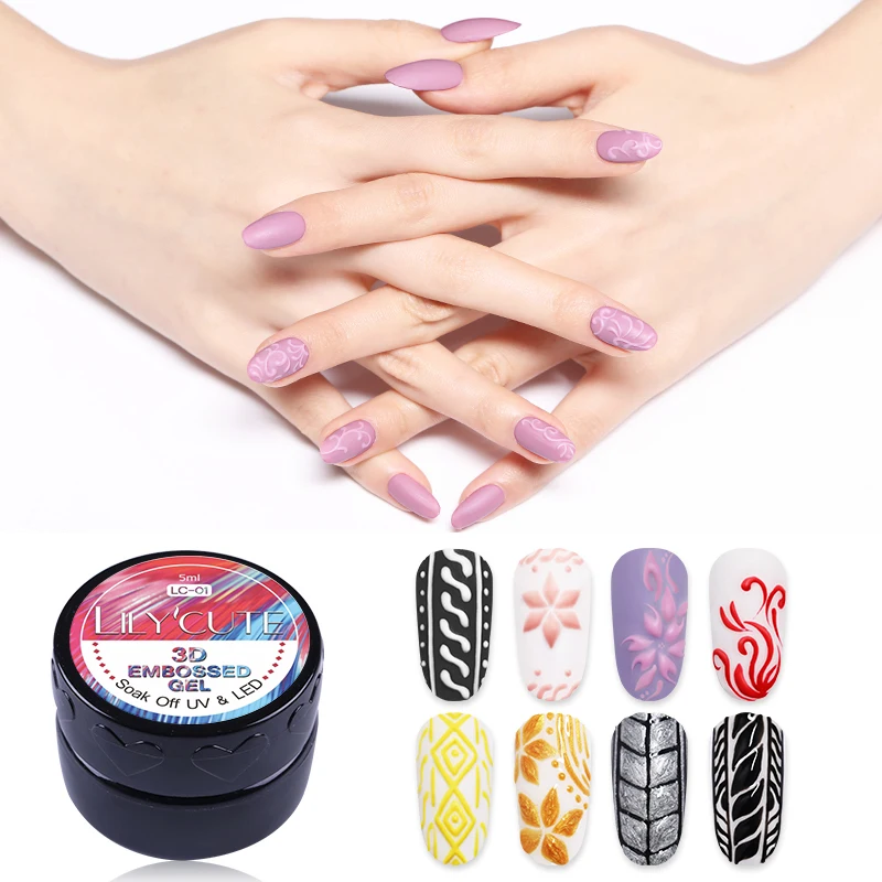 

LILYCUTE 5ml 3D Embossed Gel Nail Polish Carving White Black Silver Color Gel DIY Soak Off UV LED Gel Paste Nail Art