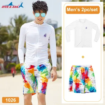 

Men's UPF 50+ Long Sleeve Shirt+Trunks UV Sun Protection Compression Base Layer Rash Guard Swimwear Beachwear Swimming Suits