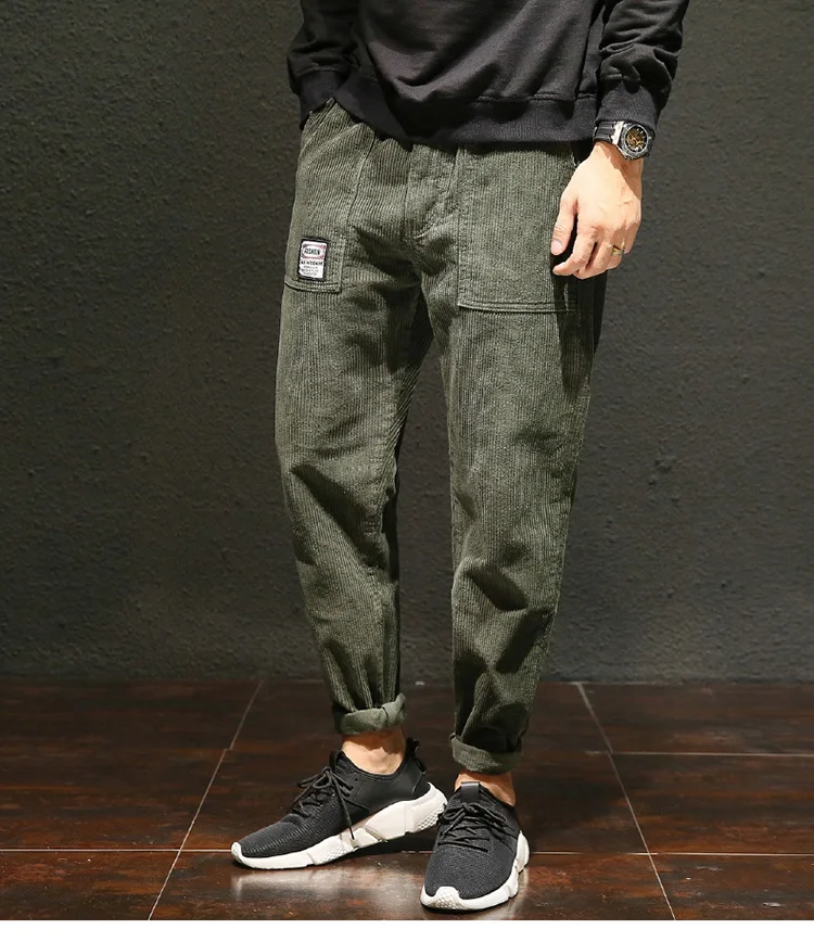 plus size harem pants men japanese loose green elastic waist corduroy