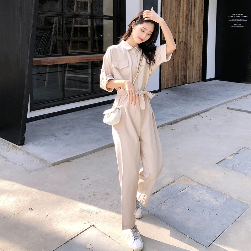 

Women Solid Color Harem overalls utility pocket High Waist women Cargo jumpsuit Casual Slim salopette playsuit Pockets Overalls