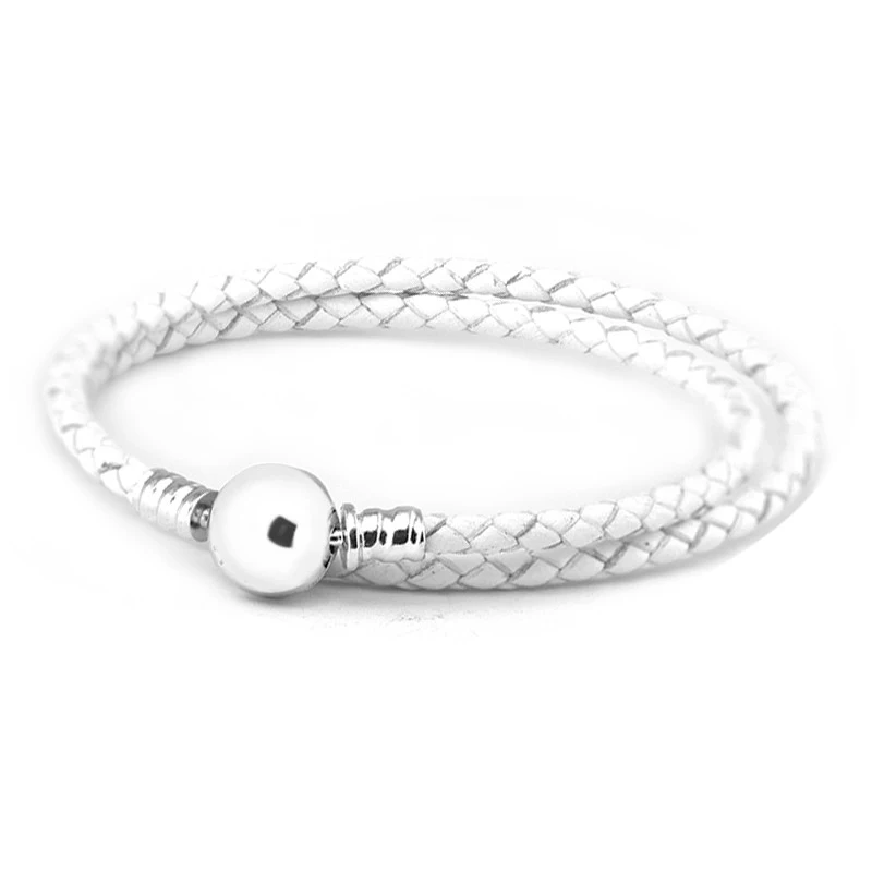

Genuine 925 Sterling Silver Ivory White Braided Double Leather Charm Bracelets for Women DIY Fits Charms Beads Europe Jewelry