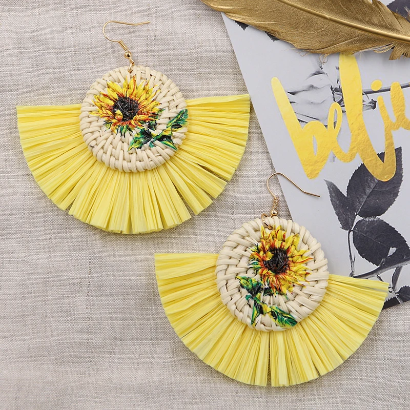 

Sunflower Tassel Earrings for Women Natural Vine Wicker Rattan Earring Multi Colors Raffia Earrings Pendientes Rafia Party Gifts