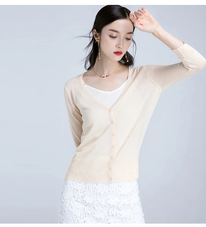 Macaron flash wire cotton thin female three quarter sleeve short design all-match knitted sunscreen air conditioning cardigan
