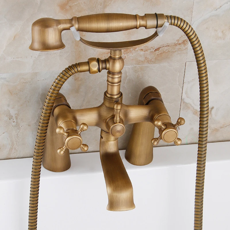 

Deck Mount Dual Cross Handles Telephone Style Bathtub Sink Faucet Roman Tub Mixer Filler with Handheld Shower Head