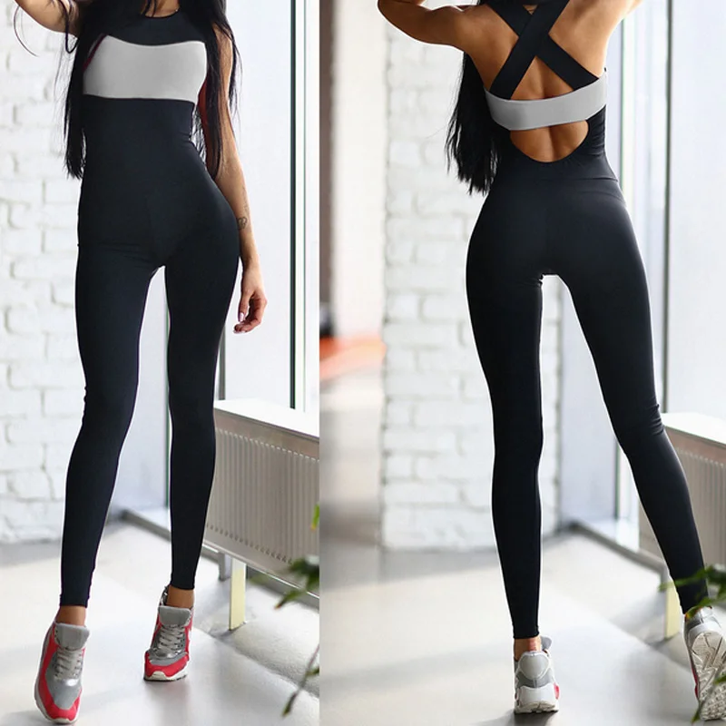 Сексуальный женский Облегающий комбинезон для фитнеса, длинные леггинсы, комбинезоны с перекрестной спинкой FS99 - Цвет: Серый