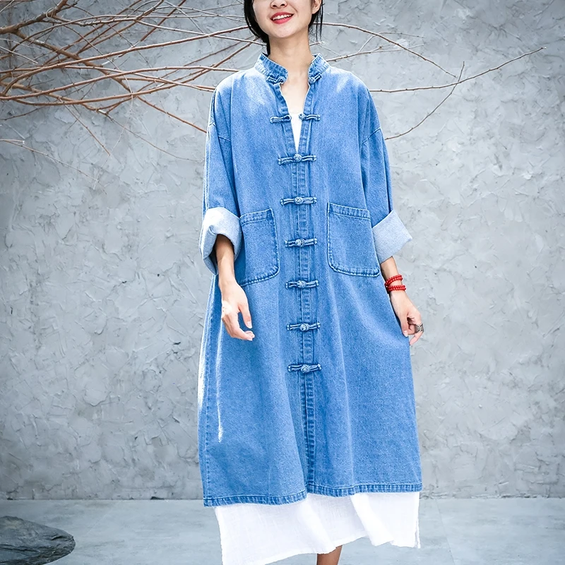 Женские длинные голубые джинсы летнее пальто китайский стиль пуговицы Свободный кардиган с стоячим воротником Ретро Плащ синий оверсайз