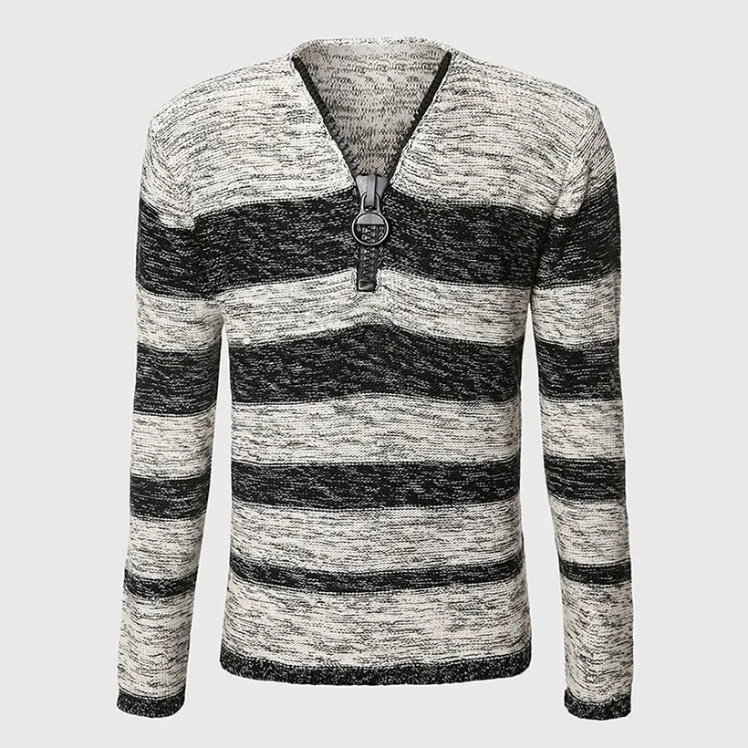 Men Unique Zipper Sweater V Neck Cable Knit Sweater Long