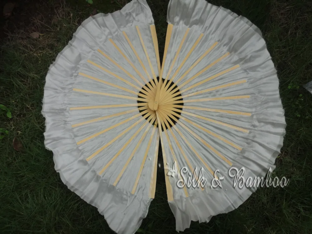 

White, 1 pair 30cm bamboo+10cm Chinese dance silk fan(flutter), 2 layers real flowy silk!