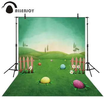 

Allenjoy Easter backdrops photocall green cartoon fence eggs grass cute baby photo background for photo shoots photophone