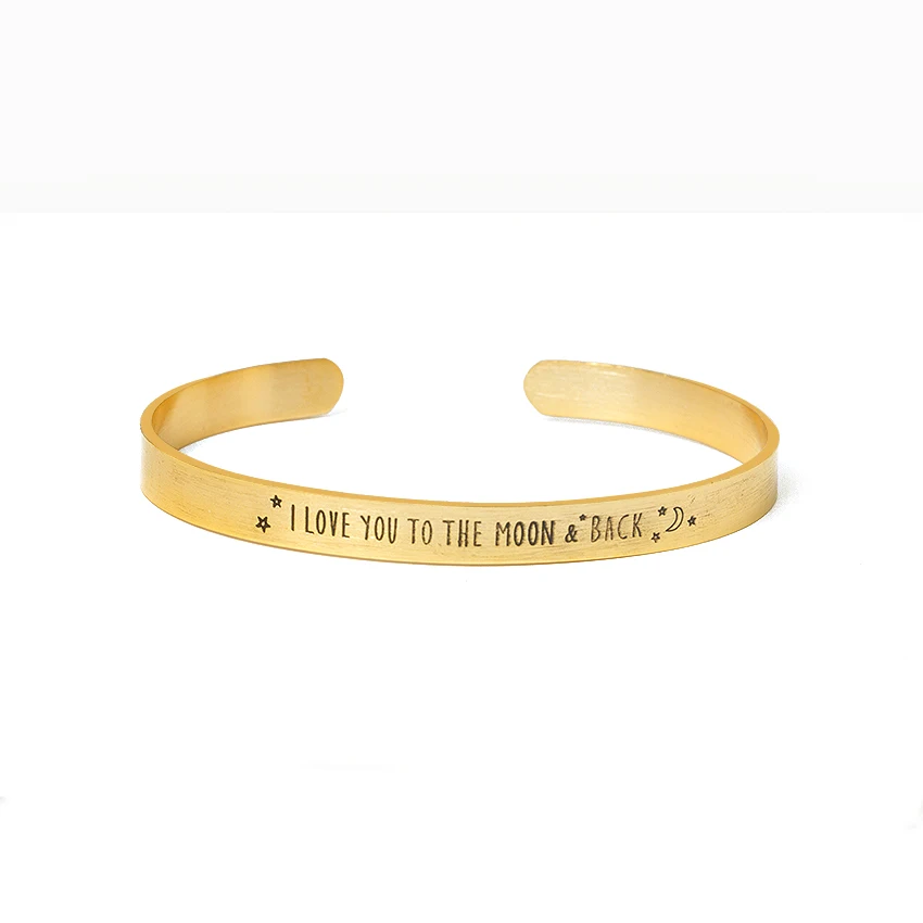

Gold Custom Engraved Star Moon Bangle I LOVE YOU TO THE MOON & BACK Stainless Steel Open Cuff Bracelets & Bangles for Women Men