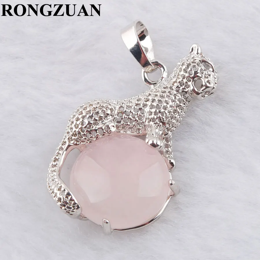 

RONGZUAN Natural Rose Quartzs Round Stone Animal Leopard Pendant Silver plated Chain Necklace Pendant Jewelry women Gift TN3664