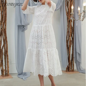 

2019 summer new hollow embroidery round neck high waist holiday dress cotton dress