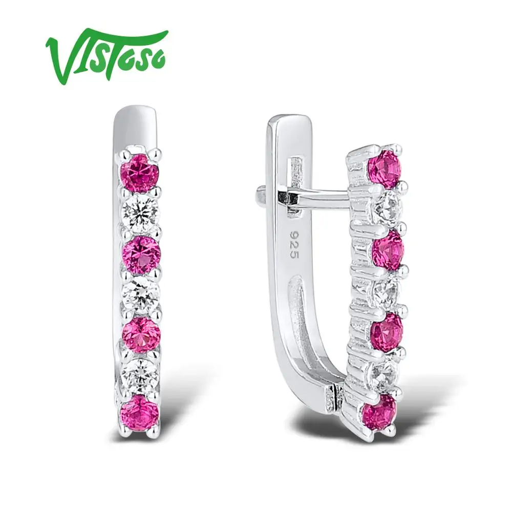 

VISTOSO Sterling Silver Chic Stud Earrings Fine Jewelry Round Pink Spinel 100% 925 Sterling Silver Delicate Dainty Fine Jewelry
