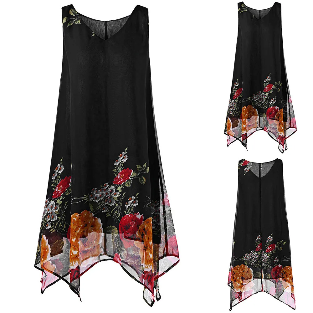 

KANCOOLD Overalls for women dresses female plus size dress Fall 2018 Floral Print Chiffon Sleeveless Irregular Hem Mini PAUGT3