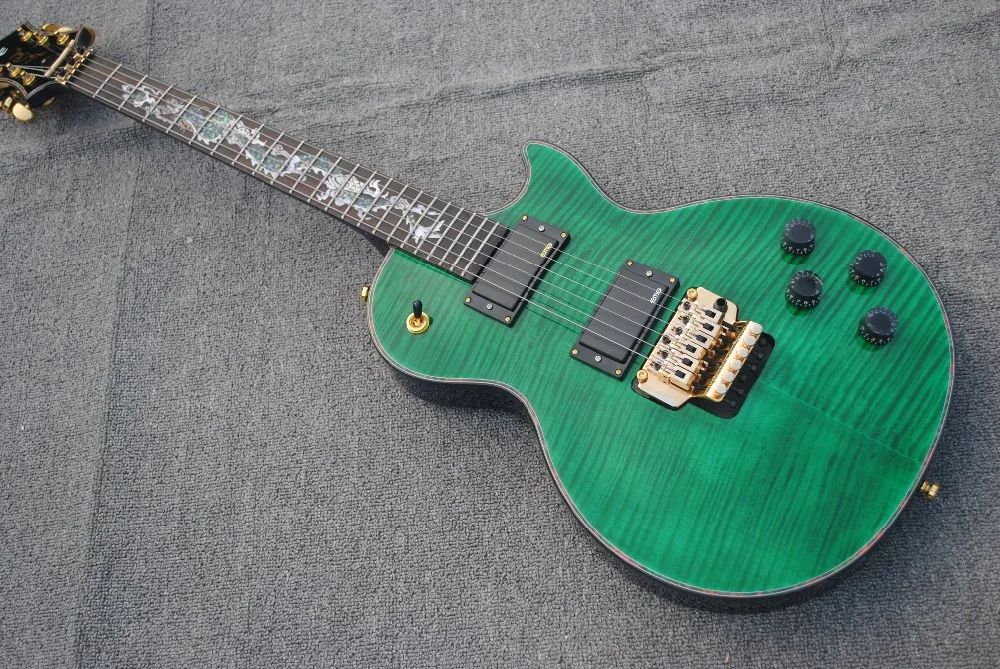 

High-end customized Chinese 6-string electric guitar, front green and back blue tiger pattern body, gold double shake accessorie