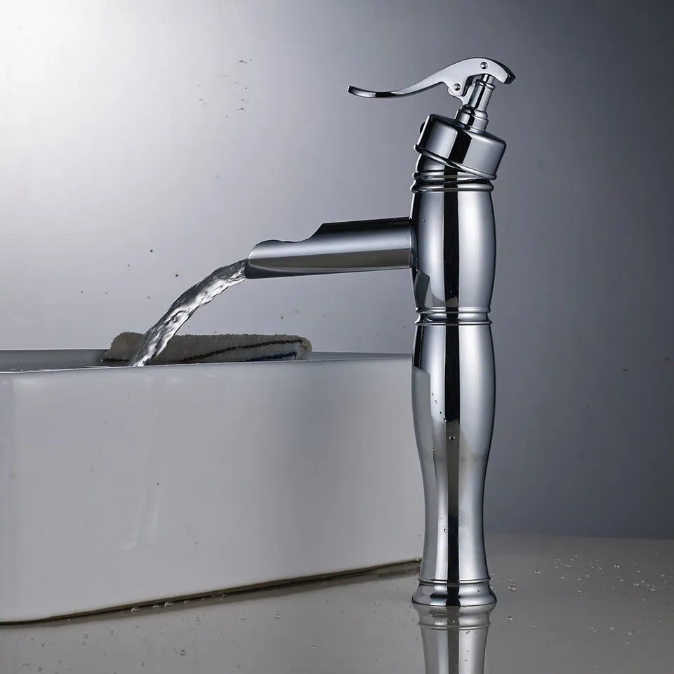 

Waterfall Spout Basin Faucet Single Hole Bathroom Faucet Chrome Deck Mounted Vessel Sink Faucet Hot Cold Mixer Tap
