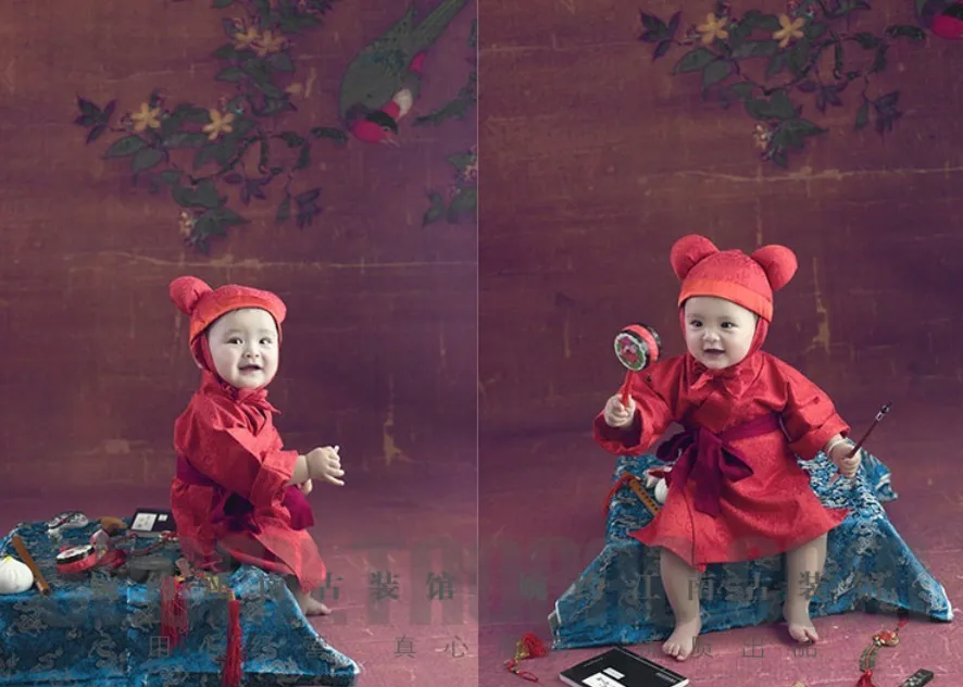  2019 New Zhua Zhou Red Hanfu Kids Costume Little Boy Baby Birthday Photo Costume for boy 90cm H