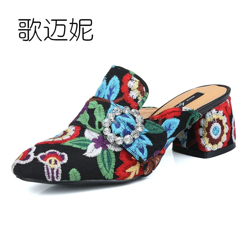 

mules women high heels wedding shoes pumps womens summer heels Chinese embroidered shoes handmade kitten heel shoes slippers