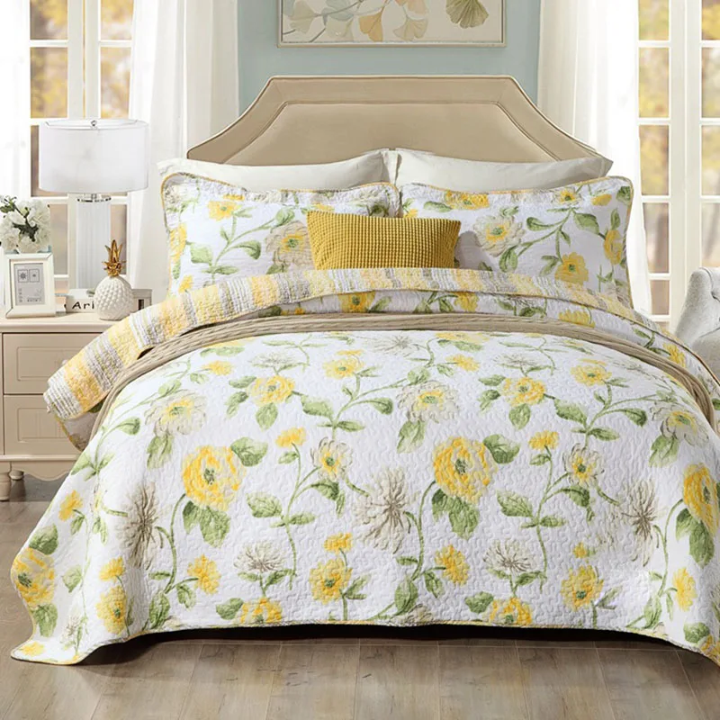 

Quality Cotton Bedspread Quilt Set 3pcs Flowers Print Coverlet Quilted Quilts Bed Cover Pillowcase King Queen Size Blanket