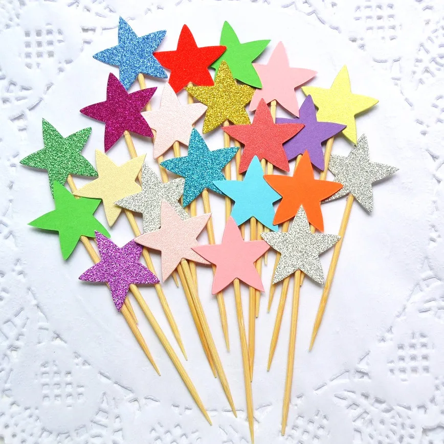 10pcs/lot Small Stars Love Heart Cake Topper Multi Colors Love Flags Single Stick For Wedding Birthday Party Cake Baking Decor