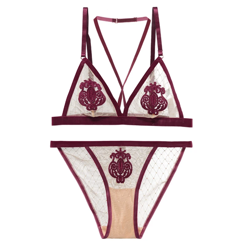 

Sexy Transparent Bralette bra and panty Set Lingerie set Halter bra Mesh Wire free Unlined Underwear women sexy set embroidery