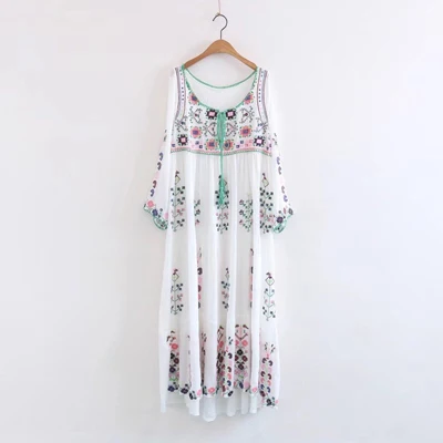 white Kiyumi, Хлопковое платье макси с цветочной вышивкой, с длинным рукавом, с кисточками, v-образный вырез, винтажные летние платья, Boho Chic, женское платье, брендовая одежда - Цвет: white