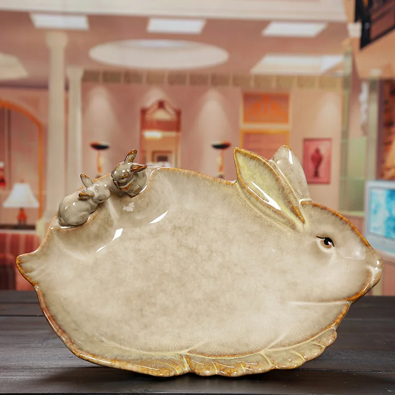 

Porcelain Rabbit Figure Candy Dish Decorative Ceramics Bunny Miniature Fruits Tray Dishware Ornament Gift and Craft Accessories