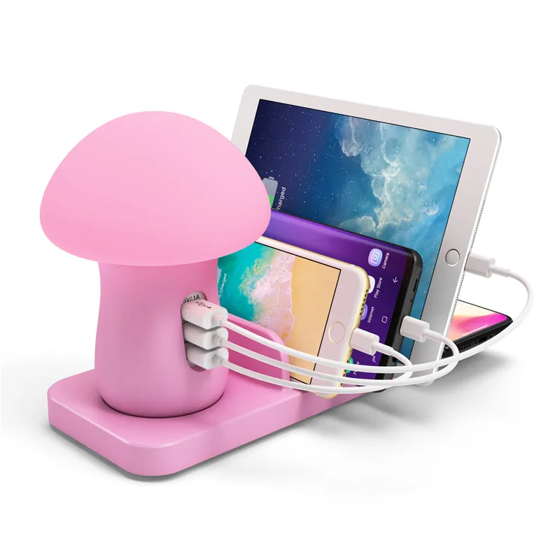 

Pink Mushroom Holder Stand Tablet Wireless Charger for iPad Samsung HuaWei Tabs QC 3.0 Multiple USB Charger Quick Charging Lamp