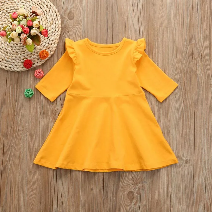 

2018 New Yellow Fashion Toddler Infant Kids Baby Girls Dress Solid Ruffle Half Sleeve Sun Dresses Clothes Outfits